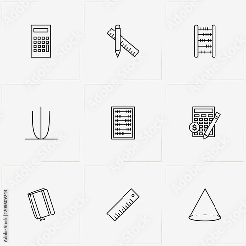 Mathematics line icon set with abacus, coordinate axis and mathematics figures