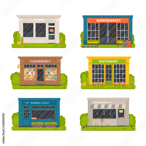 Set of vector flat design restaurants exterior and shops facade: book store, barber shop, supermarket, coffee.