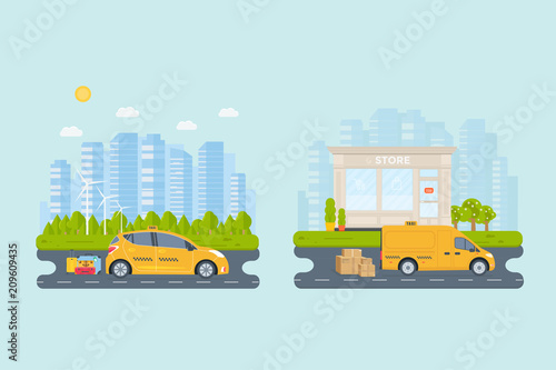 Banner with the machine yellow cab in the city. Public taxi service concept.