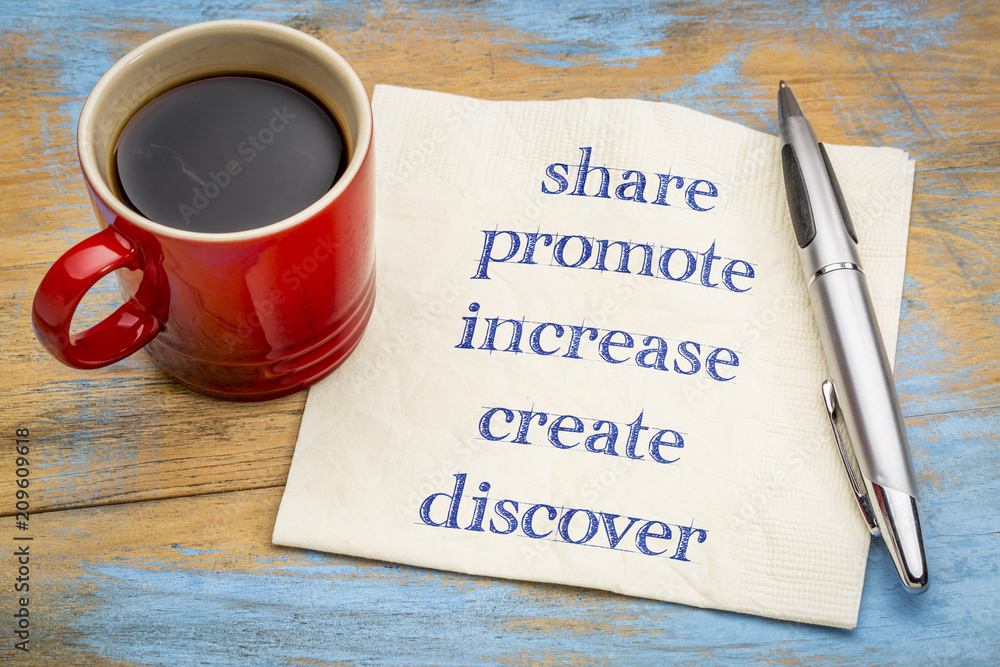 Share, promote, increase, create, discover - power words Share, promote, increase, create, discover - power words