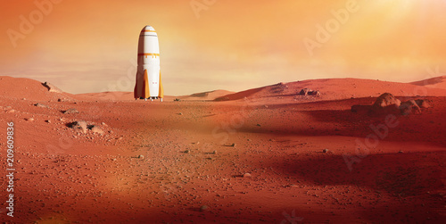 Fototapeta Naklejka Na Ścianę i Meble -  landscape on planet Mars, spaceship landing on the red planet
