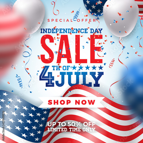 Fourth of July. Independence Day Sale Banner Design with Balloon and Flag on Confetti Background. USA National Holiday Vector Illustration with Special Offer Typography Elements for Coupon, Voucher