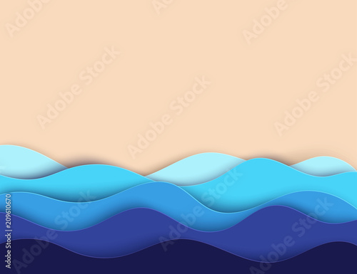 Abstract paper art sea or ocean water waves and beach. Summer background with seacoast. Deep paper cut style