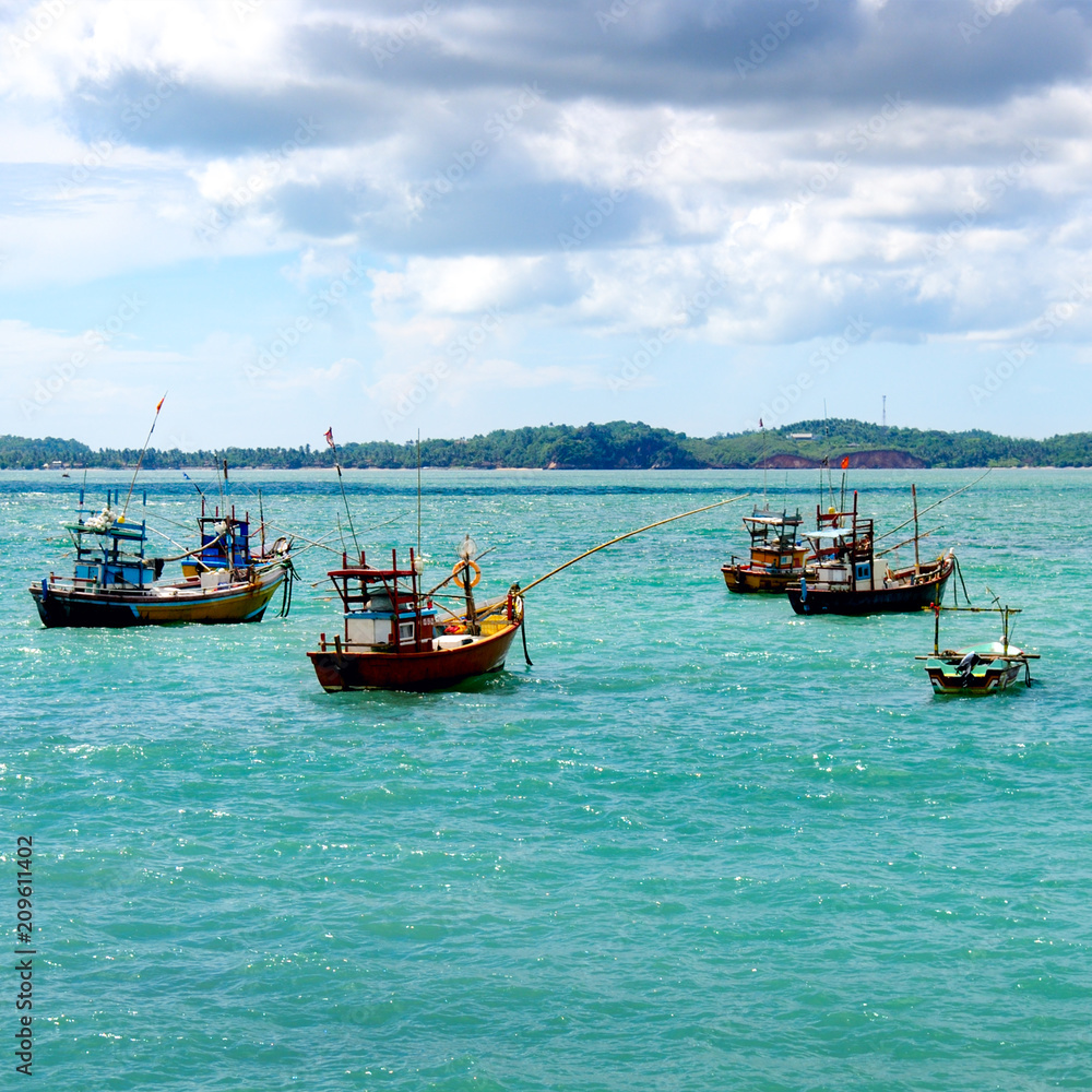 Beautiful seascape with fishing boats on the water.