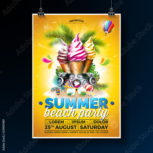 Vector Summer Beach Party Flyer Design with Ice Cream and Speakers on Shiny Background. Tropical plants, flower, sunglasses, beach ball and air balloon with sun rays. Holiday design template for