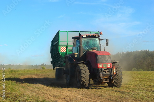 Agriculture  harvesting  rural landscape     red tractor with green trailer rides on the edge of the field for loading in summer afternoon on the background of green forest and clear blue sky