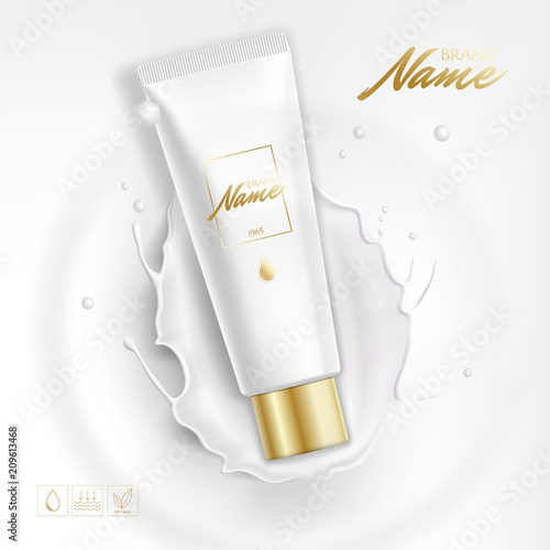 Design cosmetics product advertising for catalog, magazine. Mock up of cosmetic package. Moisturizing cream, gel, milk body lotion with milk. Milk splash