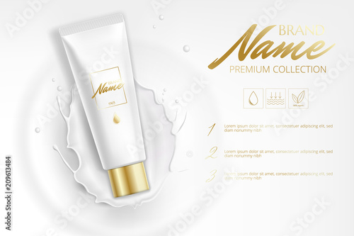 Design cosmetics product advertising for catalog, magazine. Mock up of cosmetic package. Moisturizing cream, gel, milk body lotion with milk. Milk splash