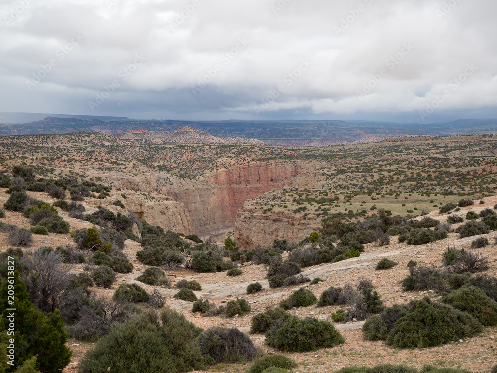 The Bighorn Canyon with rocky terrain in the foreground, clouds overhead and mountains in the distance.