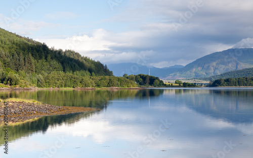 Loch Leven. The view across Loch Leven from Ballachulish towards Ballachulish Bridge in the Scottish highlands. Loch Leven is a sea loch on the west coast of Scotland.