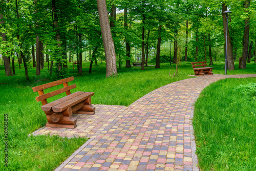Fototapeta Naklejka Na Ścianę i Meble -  Sunny park with bench and walkway.