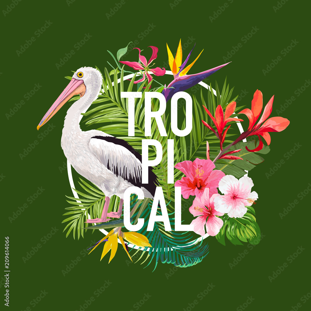 Fototapeta premium Tropical Summer Design with Pelican Bird and Exotic Flowers. Waterbird with Tropic Plants and Palm Leaves for T-shirt, Print. Vector illustration