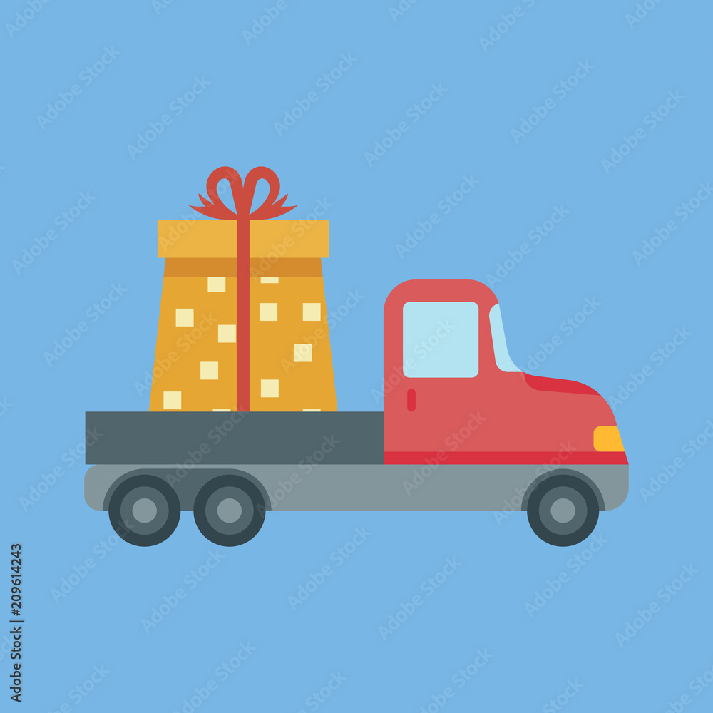 Car delivery with gift box. The concept of free shipping. Delivery service. Flat style. Fully editable vector image. Car delivery with gift box. The concept of free shipping. Delivery service. Flat style. Fully editable vector image.