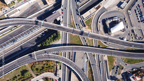 Photography Aerial drone bird's eye view of popular highway of Attiki Odos multilevel juncti