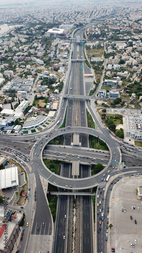 Aerial drone bird's eye view of popular highway of Attiki Odos multilevel junction ring road, passing through Kifisias Avenue in Marousi photo