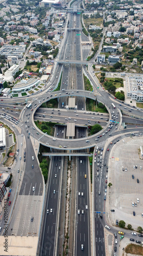 Aerial drone bird's eye view of popular highway of Attiki Odos multilevel junction ring road, passing through Kifisias Avenue in Marousi photo