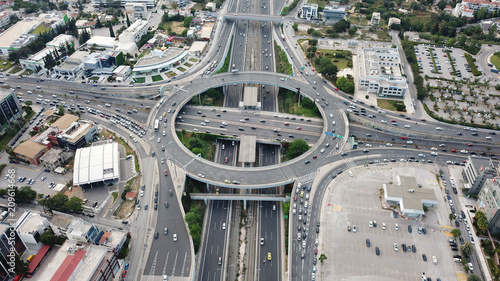 Photography Aerial drone bird's eye view of popular highway of Attiki Odos multilevel juncti