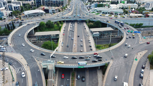 Photography Aerial drone bird's eye view of popular highway of Attiki Odos multilevel juncti