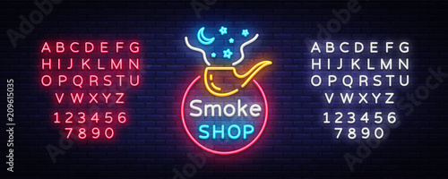 Smoke Store Logo Neon Vector. Cigarette shop neon sign, vector design template vector illustration on tobacco theme, bright night cigarette advertisement. Vector. Editing text neon sign