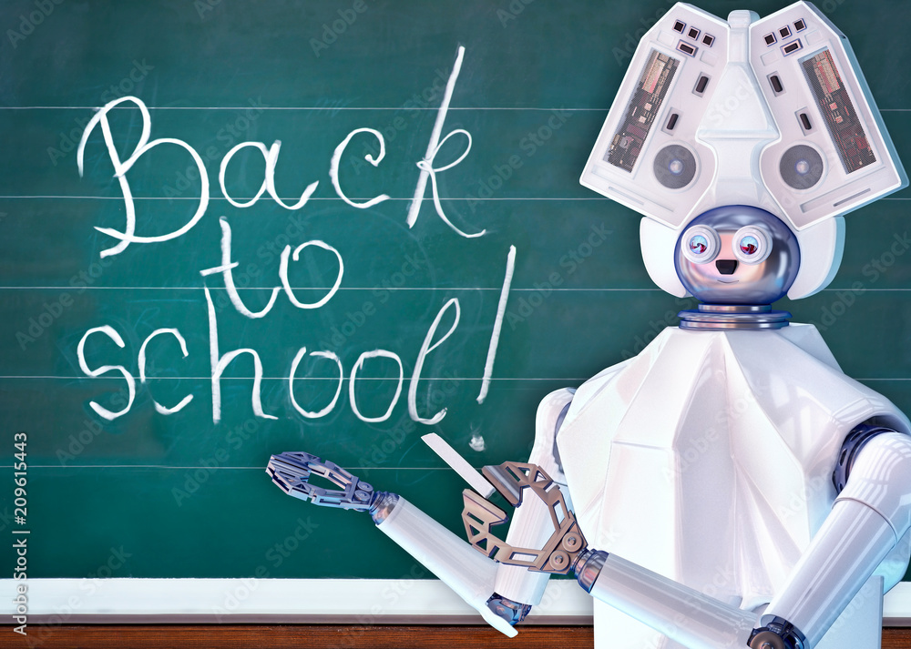 Teacher robot with artificial intelligence in school class next to  blackboard. Interactive ai online learning future for kids. Back to school  concept. Stock Photo | Adobe Stock