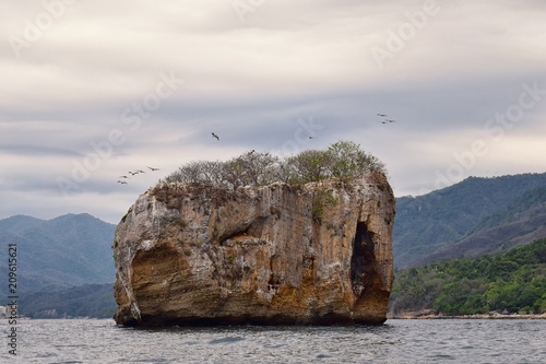 Arches National Park Vallarta Undersea or Los Arcos Marine Park (Las Peñas or The Rocks), with a large variety of seabirds including Frigates (Scissor Birds), Pelicans and Blue Footed Boobie with cave