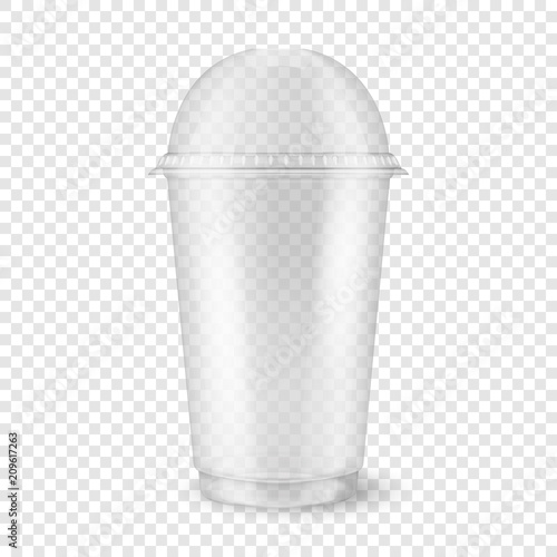 Vector realistic 3d empty clear plastic disposable cup with sphere dome cap closeup isolated on transparency grid background. Design template of packaging mockup for graphics - milkshake, tea, fresh