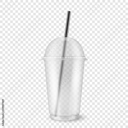 Vector realistic 3d empty clear plastic disposable cup with sphere dome cap and a straw closeup isolated on transparency grid background. Design template of packaging mockup for graphics - milkshake