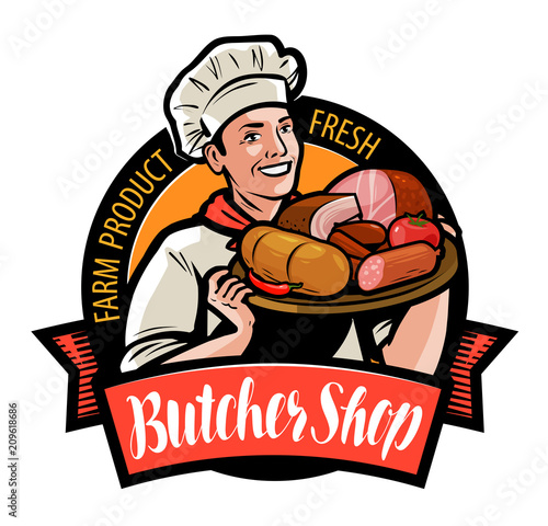 Butcher shop logo or label. Happy cook holding a tray with meat products. Cartoon vector illustration photo