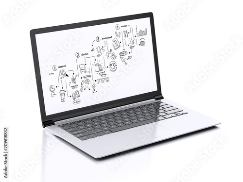3d Modern Laptop with creative process sketch on screen