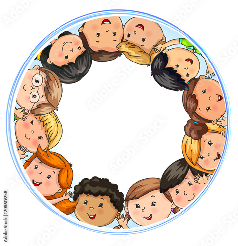 Big company joyful children different nationalities in circle