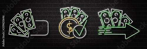 Vector set of realistic isolated neon sign of cash loans logo for decoration and covering on the wall background. Concept of fast money and financial crisis.