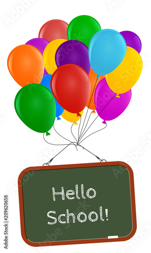 Hello school. Green school board with an inscription, raised by balloons. Isolated on white background. Vector