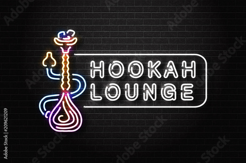 Vector realistic isolated neon sign of Hookah for decoration and covering on the wall background. Concept of hookah lounge.