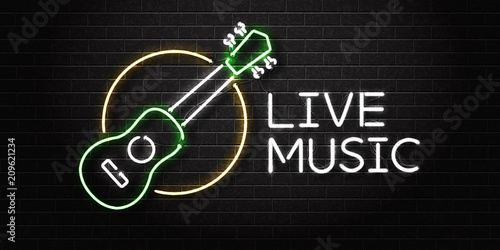 Vector realistic isolated neon sign of ukulele live music logo for decoration and covering on the wall background. Concept of performance and sunny summer.