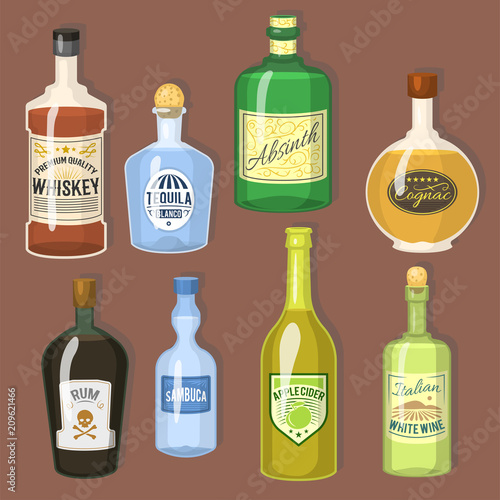 Alcohol strong drinks in bottles cartoon glasses whiskey cognac brandy wine vector illustration