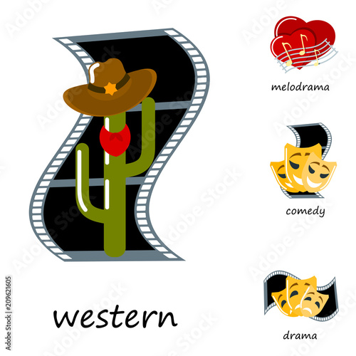Cinema genre icons set cinematography flat entertainment comedy drama thriller movie production symbol vector illustration.