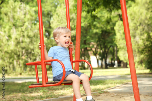 Cute little boy playing on swings in park © Africa Studio
