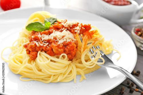 Delicious pasta with meat sauce on plate