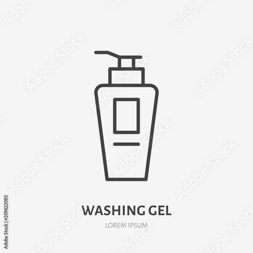 Washing gel flat line icon. Beauty care sign, illustration of liquid soap dispenser. Thin linear logo for makeup, cosmetics store.