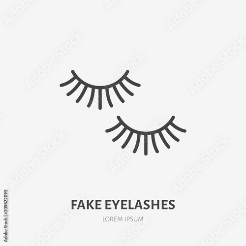Fake eyelashes flat line icon. Beauty care sign, illustration of closed eyes with black mascara. Thin linear logo for makeup, cosmetics store.