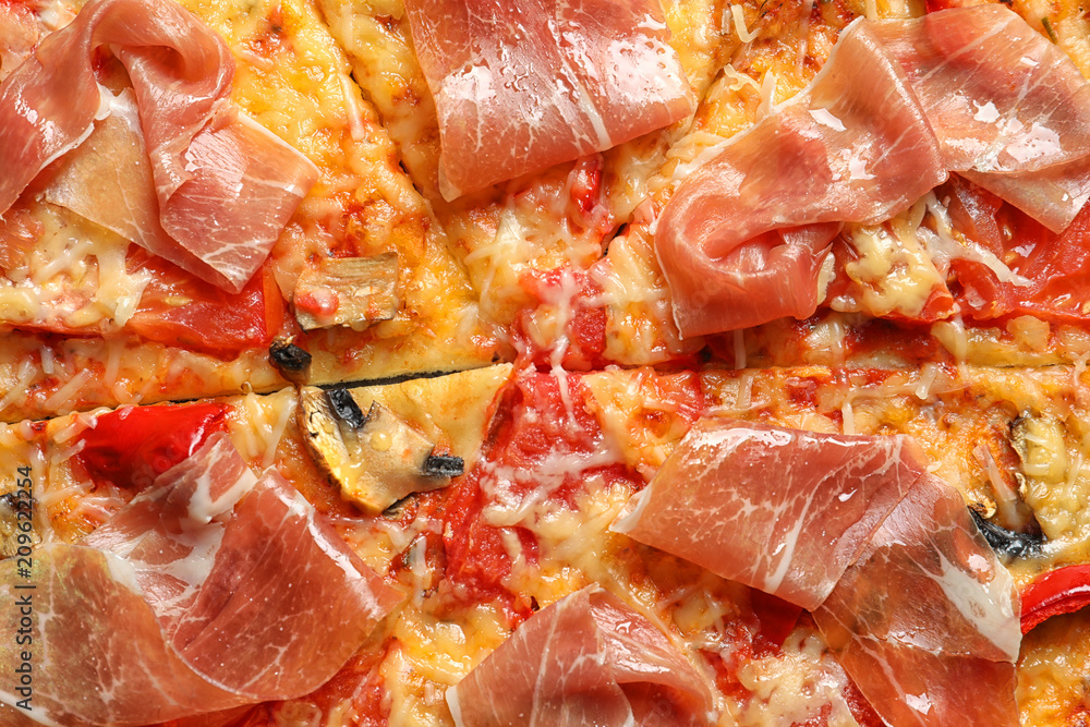 Delicious pizza with bacon as background, closeup Delicious pizza with bacon as background, closeup