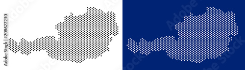Pixel Austria map. Vector geographic map on white and blue backgrounds. Vector concept of Austria map constructed with round dots.