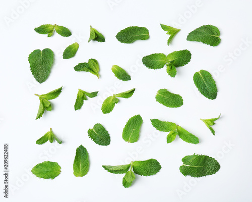 Flat lay composition with fresh green mint leaves on white background