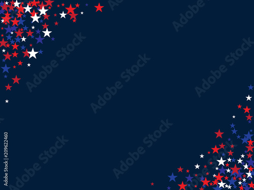 Patriotic 4th of July, Independence Day of America Stars Confetti. Flying Stars Texture, US Blue, Red, White Confetti Banner. USA Independence Day, 4th of July, National Symbols Banner Background.