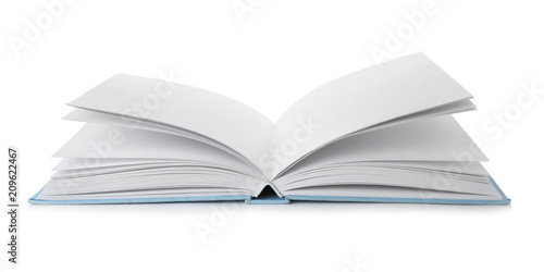 Open book with hard cover on white background
