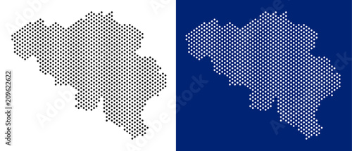 Dot Belgium map. Vector geographic map on white and blue backgrounds. Vector concept of Belgium map designed with round spots.