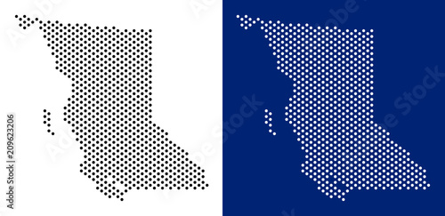Dot British Columbia Province map. Vector geographic map on white and blue backgrounds. Vector collage of British Columbia Province map done of sphere pixels.