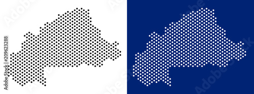 Dotted Burkina Faso map. Vector geographic map on white and blue backgrounds. Vector concept of Burkina Faso map created from round dots.