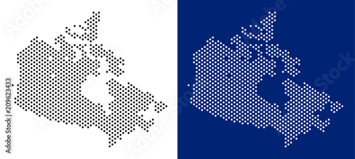 Pixel Canada map. Vector geographic map on white and blue backgrounds. Vector collage of Canada map constructed from circle spots.