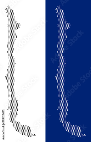 Dot Chile map. Vector geographic map on white and blue backgrounds. Vector concept of Chile map organized with sphere blots.
